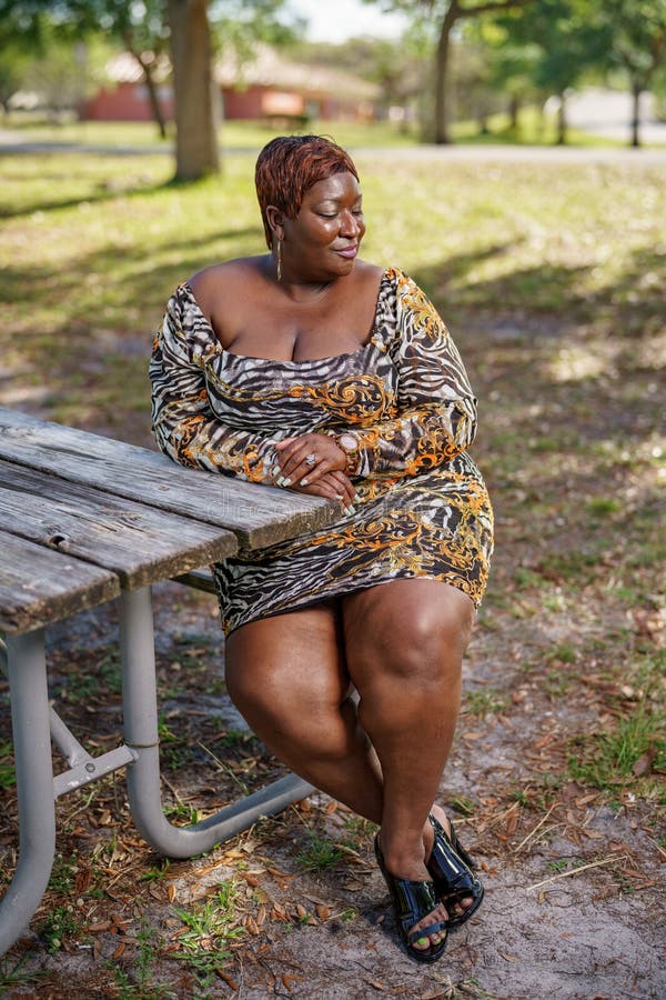 Bbw Big Black Beautiful Model Sitting On A Park Bench Outdoors Stock Photo Image Of Hair