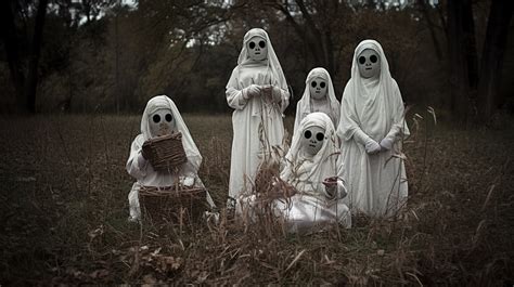 Five Ghosts Dressed In White Sitting In A Field Background Terrifying Five Ghosts Dressed In White Sitting In A Field Background Terrifying