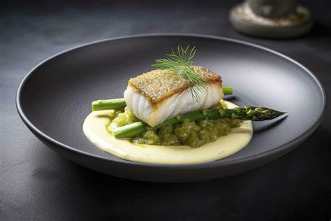 Traditional Fried Skrei Cod Fish Fillet With Green Asparagus Tips And Traditional Fried Skrei Cod Fish Fillet With Green Asparagus Tips And